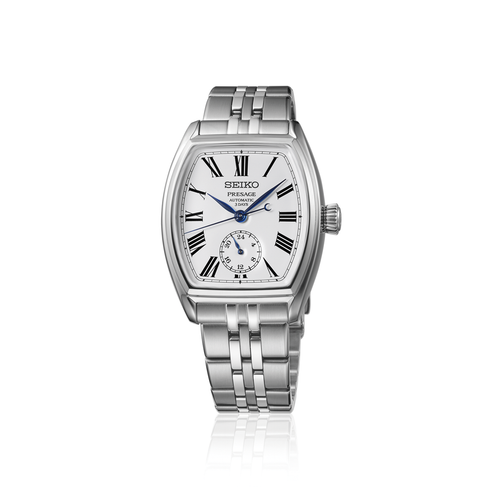 A Seiko Presage Classic Series SPB537J1 automatic watch, showcasing its 35.9mm tonneau-shaped stainless steel case, a pure white genuine enamel dial with blue Roman numerals, blued hands, a 24-hour subdial at 6 o'clock, and a matching steel link bracelet.