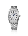 A Seiko Presage Classic Series SPB537J1 automatic watch, showcasing its 35.9mm tonneau-shaped stainless steel case, a pure white genuine enamel dial with blue Roman numerals, blued hands, a 24-hour subdial at 6 o'clock, and a matching steel link bracelet.