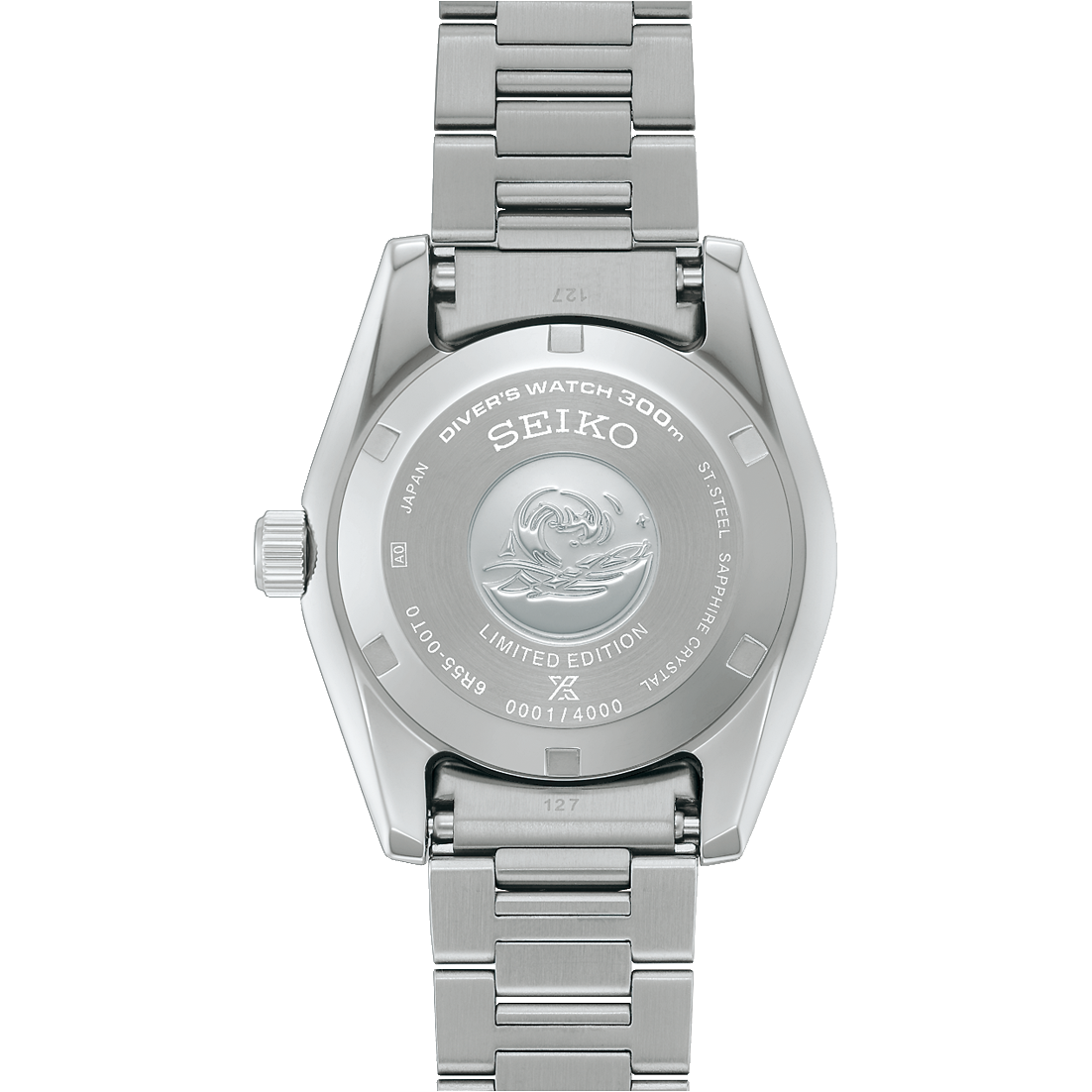 Silver Seiko watch with detailed case back on a white background