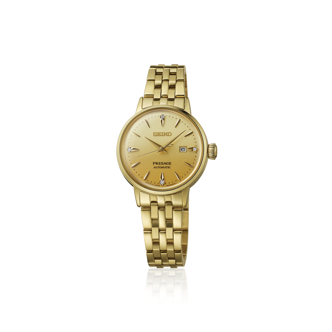 A women's Seiko Presage Cocktail Time SRE018 automatic watch in yellow gold-tone stainless steel, featuring a textured sunburst dial accented with diamond hour markers and a matching multi-link bracelet.