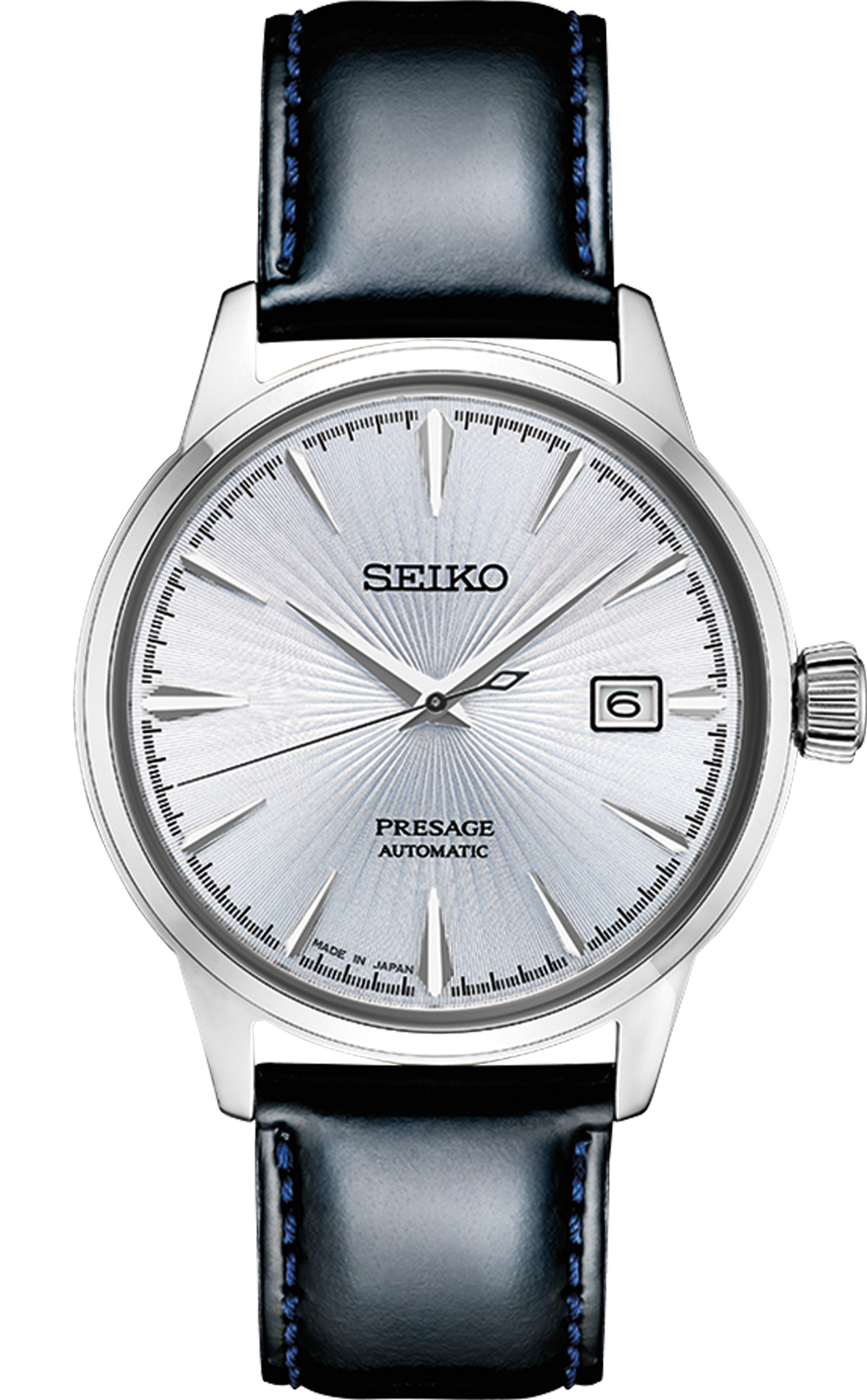 seiko presage srpb43 automatic watch with light blue dial and black leather strap