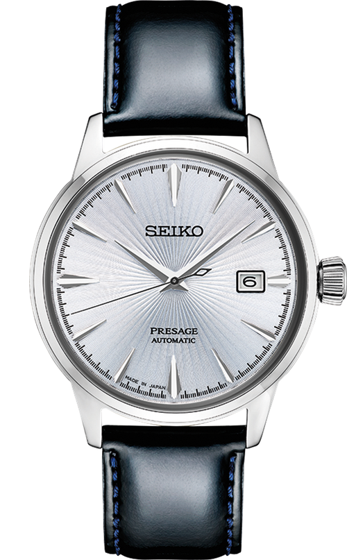 seiko presage srpb43 automatic watch with light blue dial and black leather strap