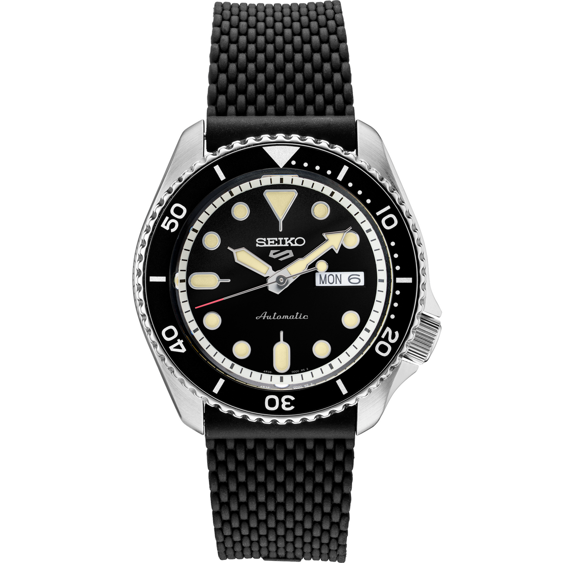 Seiko 5 Sports SRPD95 Black Dial Black Silicone Strap Watch