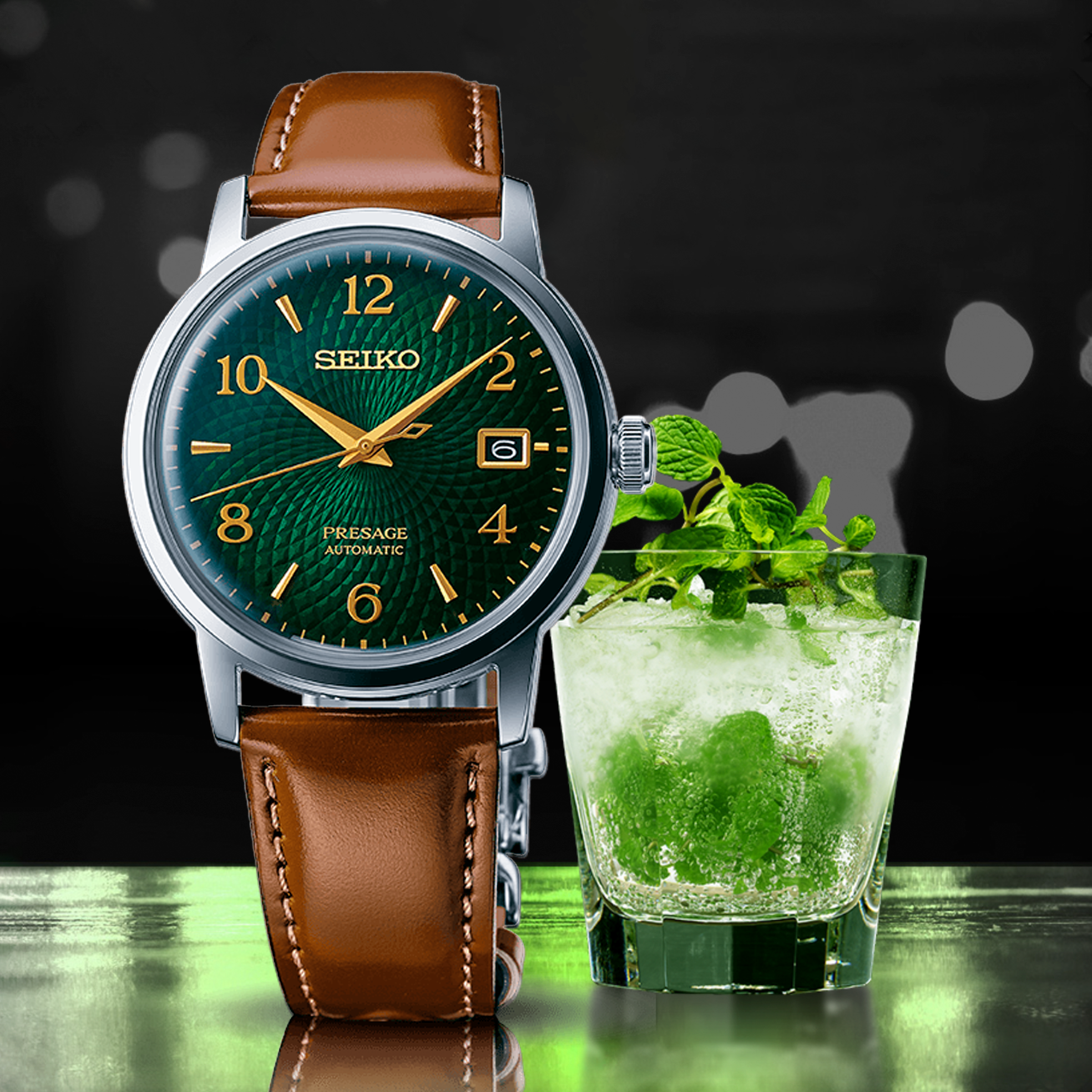 seiko presage srpe45 cocktail time green dial leather strap 38 5mm watch
