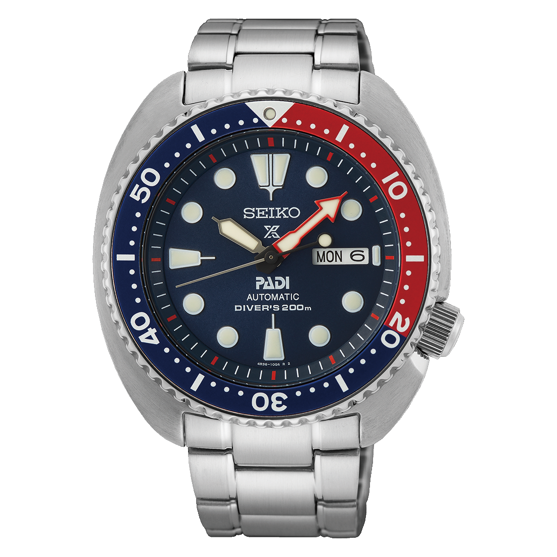 Seiko watch with a blue and red dial on a white background