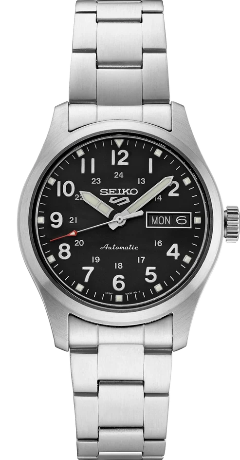 A Seiko automatic wristwatch with a stainless steel link bracelet, featuring a black dial with white Arabic numerals, silver-tone hands, and a day-and-date window.
