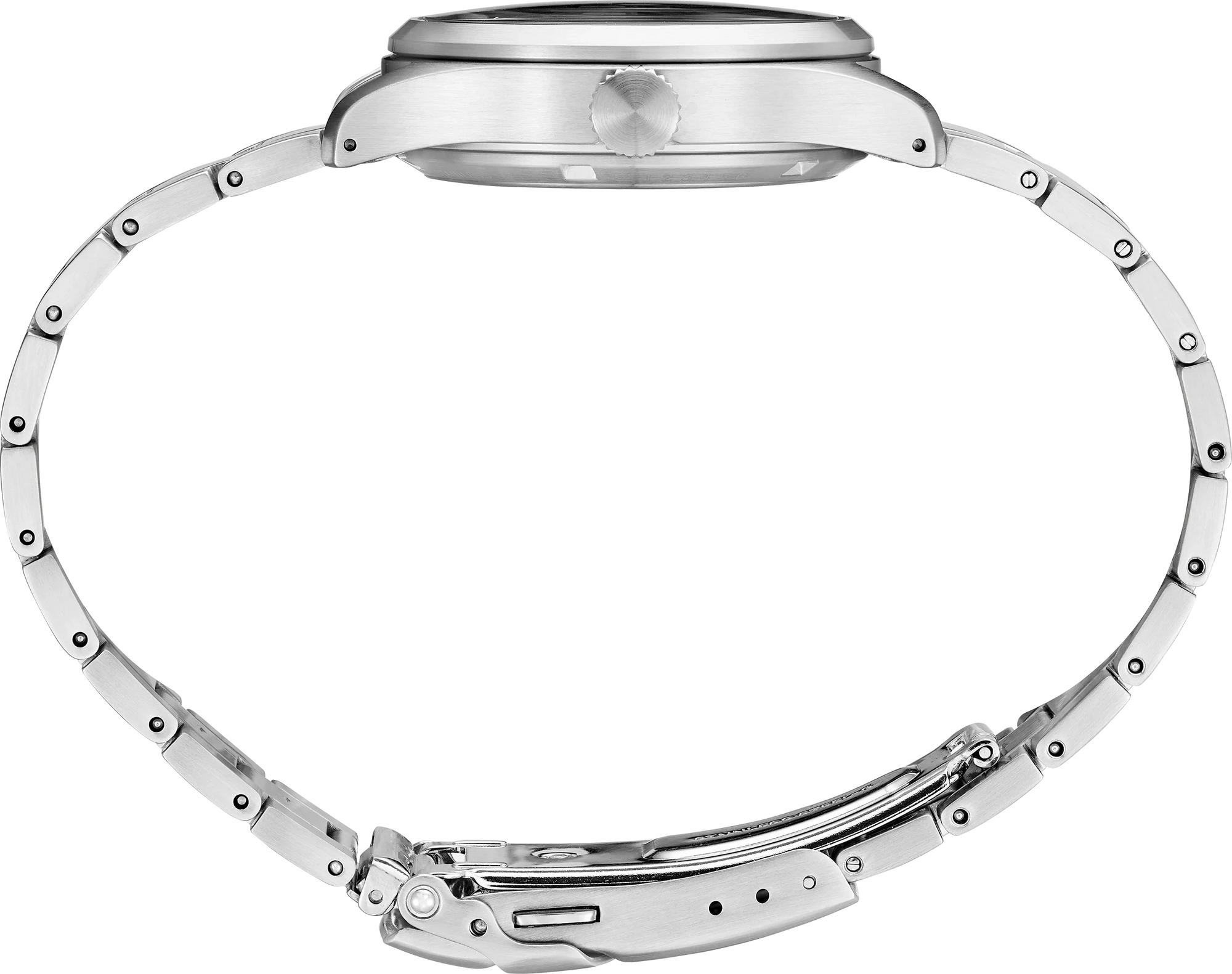 Close-up side view of a stainless steel watch with a multi-link bracelet and a circular crown, shown on a plain white background.