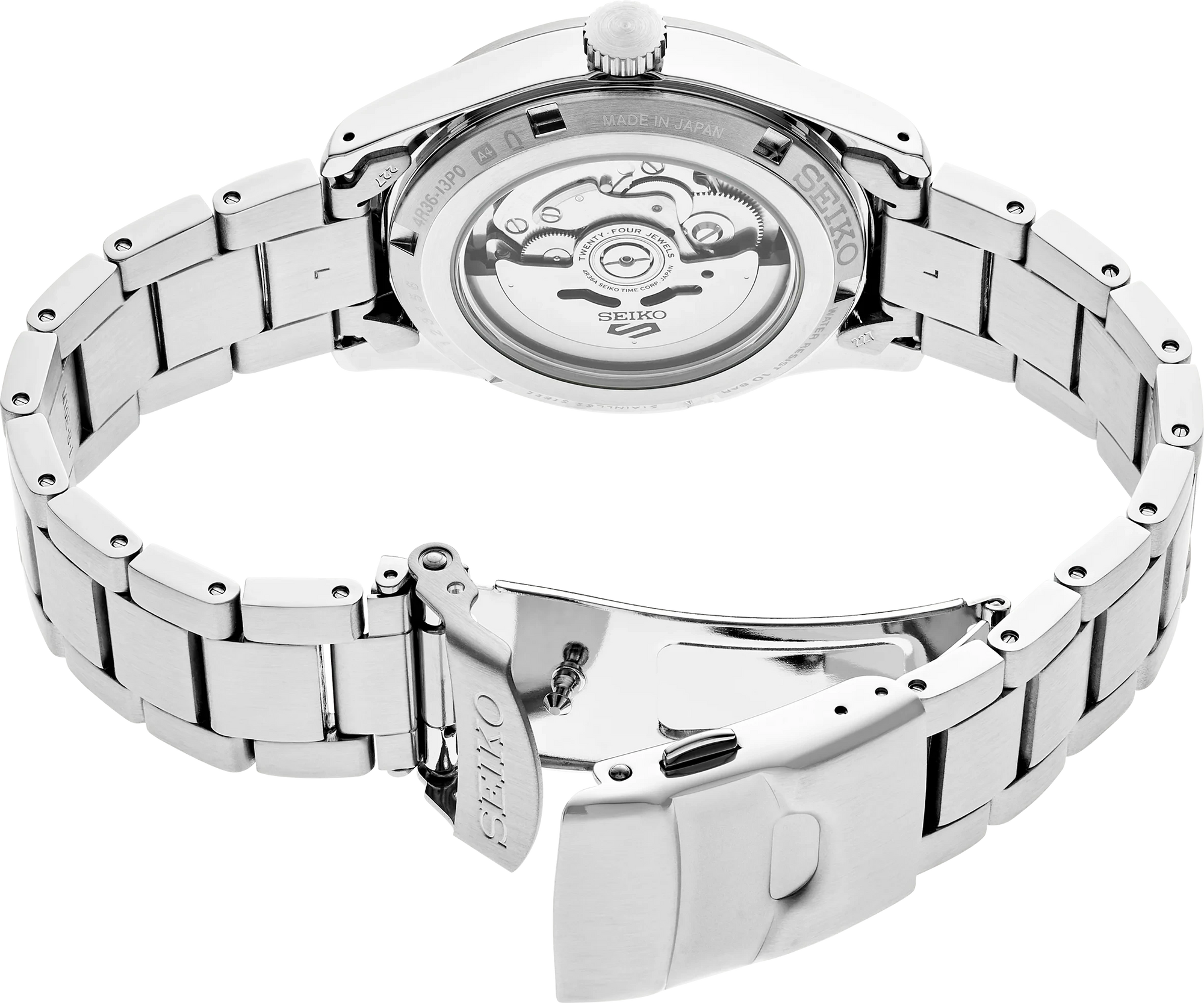 Silver stainless steel automatic watch with a metal link bracelet, shown from the back with the clasp open on a white background.
