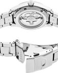 Silver stainless steel automatic watch with a metal link bracelet, shown from the back with the clasp open on a white background.