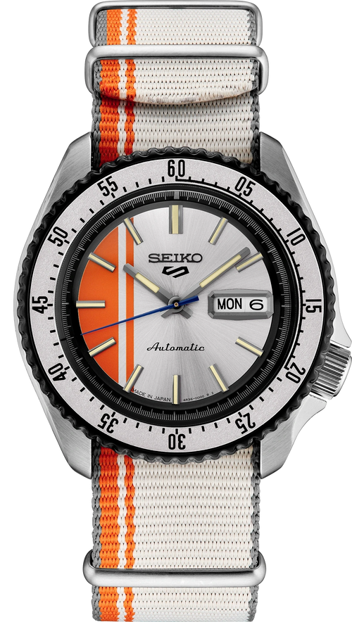 Seiko 5 Sports SRPK73 Automatic Silver Orange Racing Stripe Watch US - Skeie's Jewelers