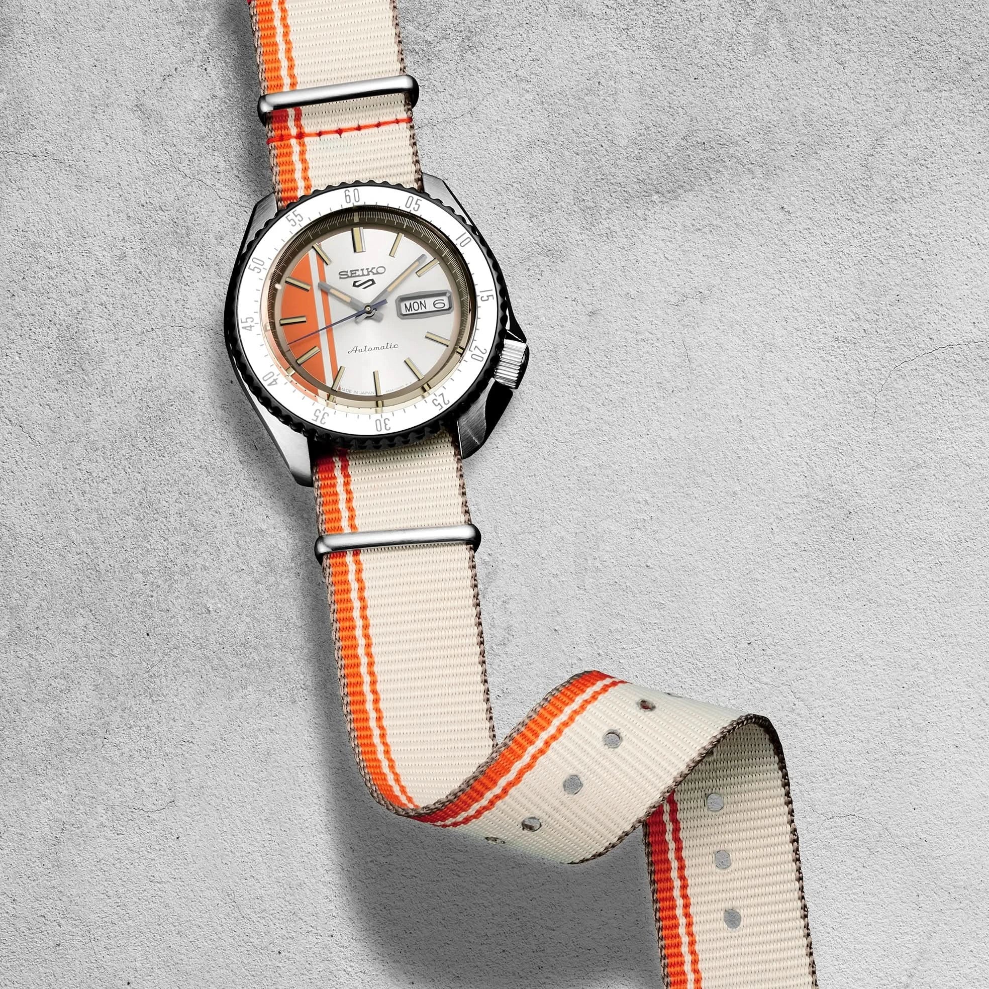 Seiko 5 Sports SRPK73 Automatic Silver Orange Racing Stripe Watch US - Skeie's Jewelers