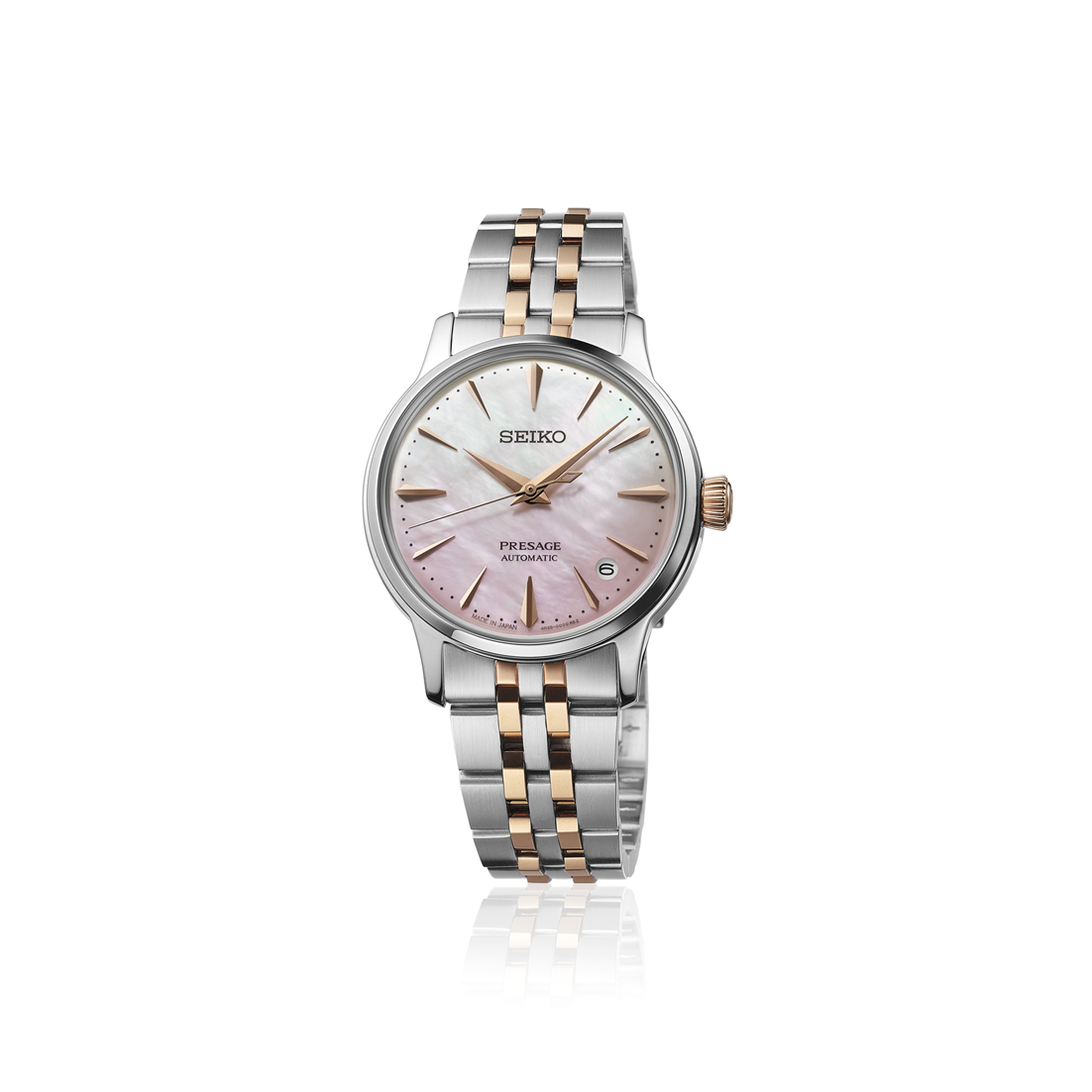 A limited edition women's Seiko Presage Cocktail Time SRPM06J1 watch, featuring a 34mm stainless steel case, a gradient pink and yellow mother-of-pearl dial with a date window, and a matching multi-link steel bracelet.