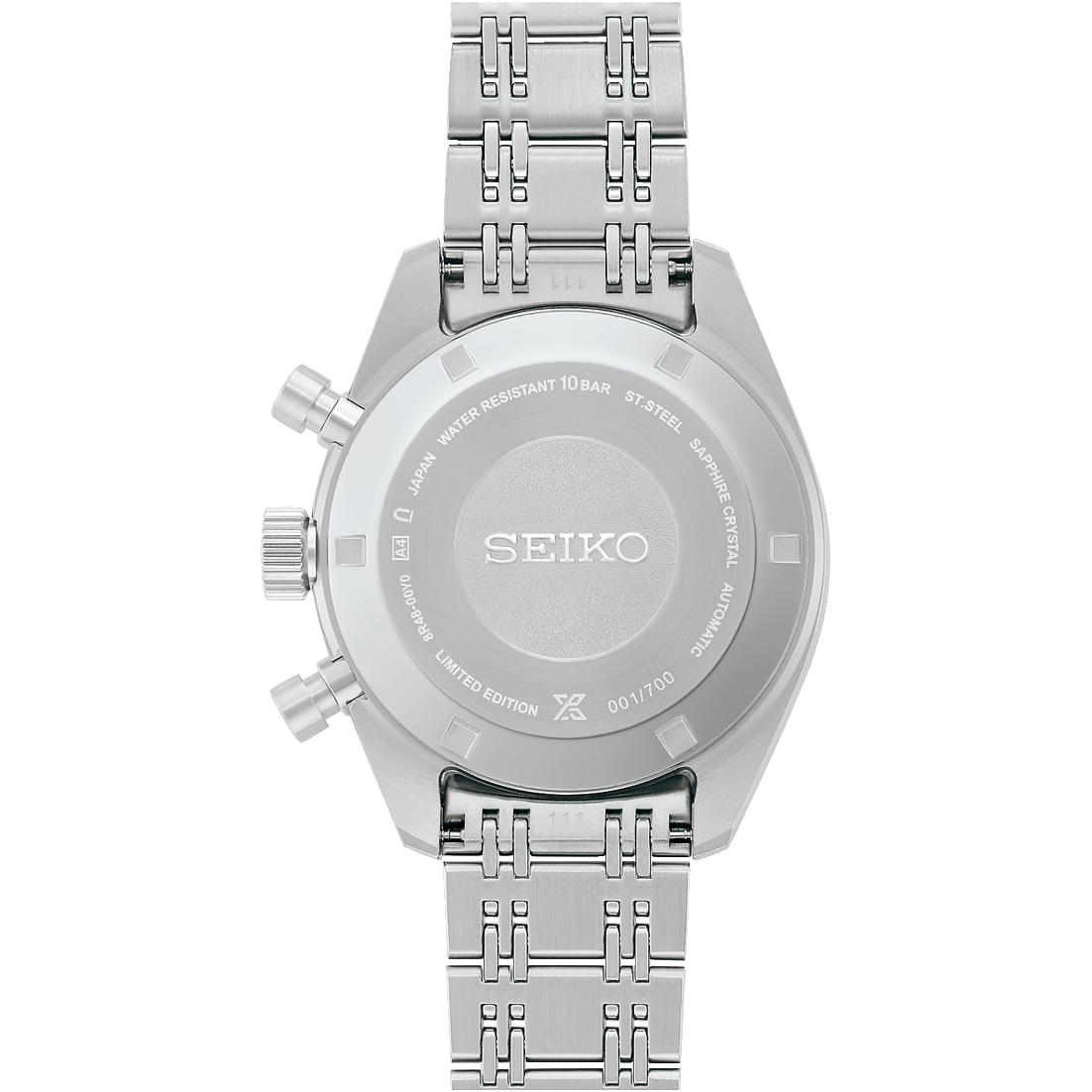 back view of Silver Seiko watch with a detailed metal band on a white background