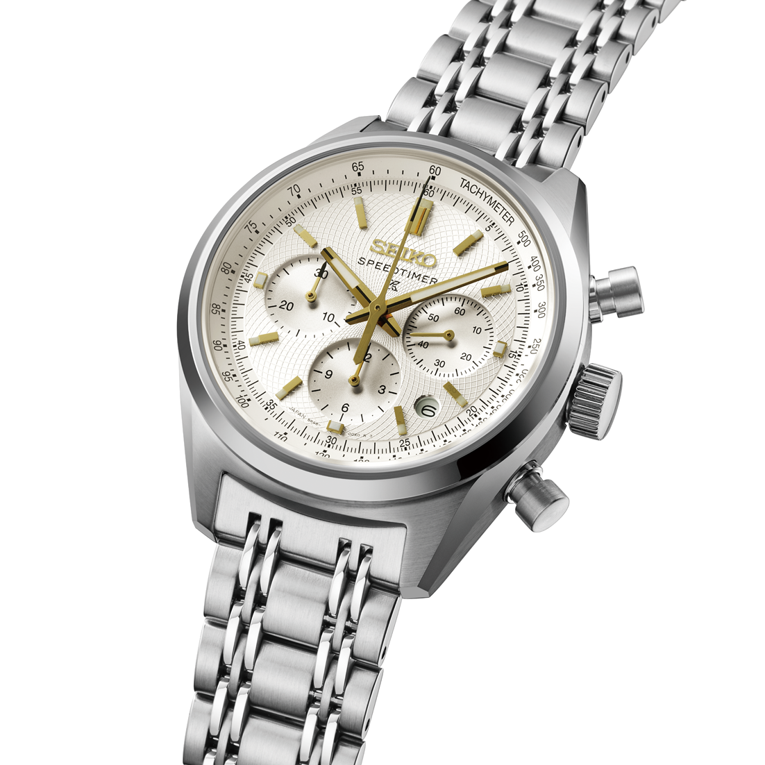 Silver Seiko watch with a detailed face on a white background angled view