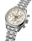 Silver Seiko watch with a detailed face on a white background angled view