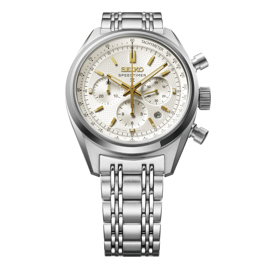 Silver Seiko watch with a white face and gold tone decals on a white background
