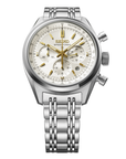 Silver Seiko watch with a white face and gold tone decals on a white background