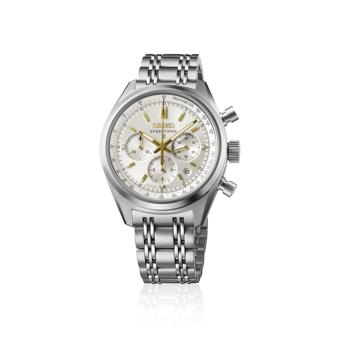 A limited edition Seiko Prospex Speedtimer SRQ059J1 mechanical chronograph watch, showcasing its 42mm stainless steel case, textured silver-white dial with gold-tone hands and indices, black tachymeter bezel, and a retro multi-link steel bracelet.