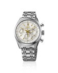 A limited edition Seiko Prospex Speedtimer SRQ059J1 mechanical chronograph watch, showcasing its 42mm stainless steel case, textured silver-white dial with gold-tone hands and indices, black tachymeter bezel, and a retro multi-link steel bracelet.