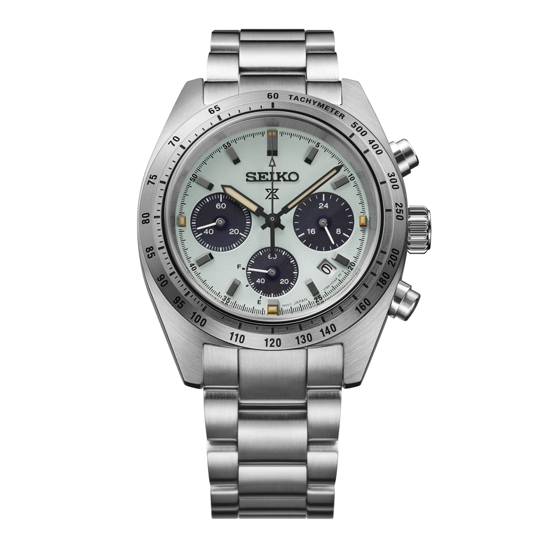 A Seiko Prospex Speedtimer SSC965 solar chronograph watch, showcasing its 39mm stainless steel case, a matte sandblasted light green dial with three black subdials, a black tachymeter bezel, and a matching steel link bracelet.