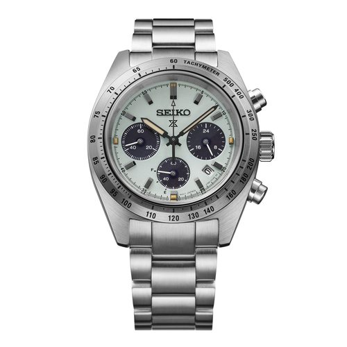 A Seiko Prospex Speedtimer SSC965 solar chronograph watch, showcasing its 39mm stainless steel case, a matte sandblasted light green dial with three black subdials, a black tachymeter bezel, and a matching steel link bracelet.