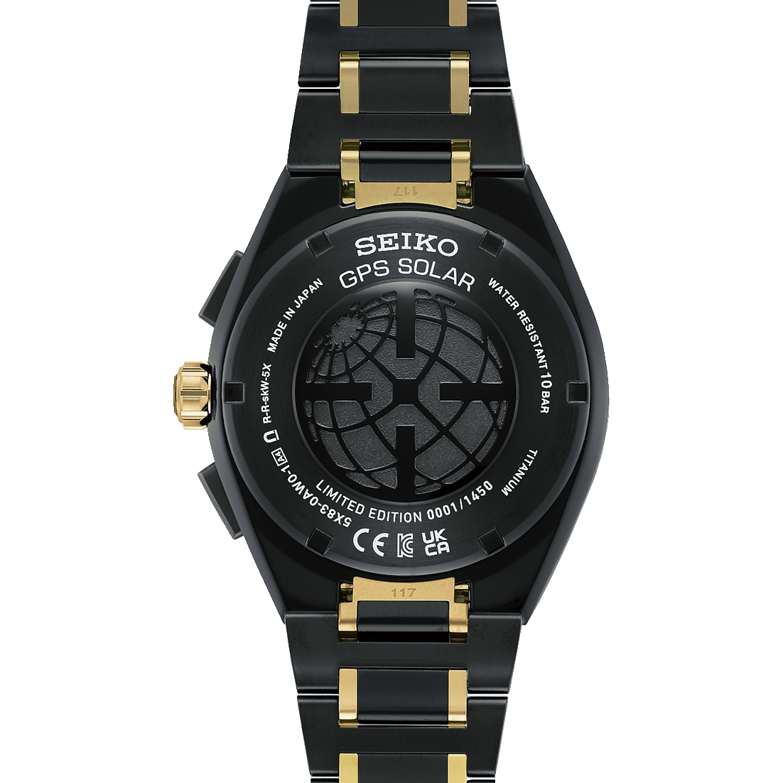 back of Black and gold Seiko GPS Solar watch on a white background
