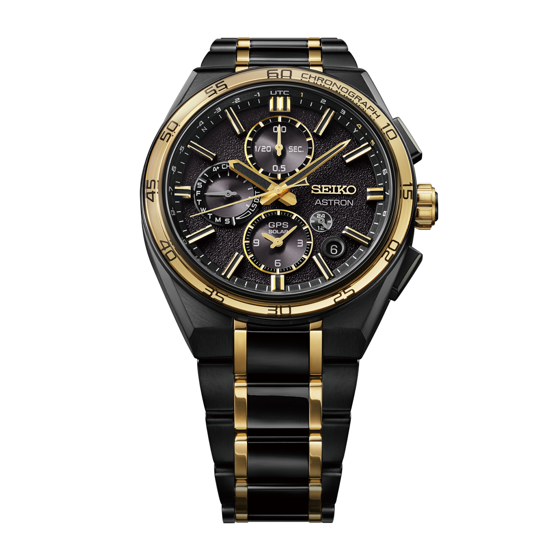 Seiko Astron watch with black and gold design on a white background