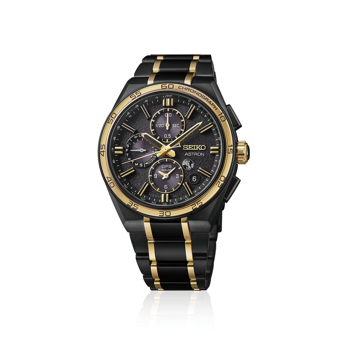 A limited edition Seiko Astron SSH186 GPS Solar Chronograph watch, showcasing its 44.1mm black titanium case, a gold-accented sapphire bezel, a textured black dial with four vertically arranged subdials, gold hands, and a matching black titanium bracelet