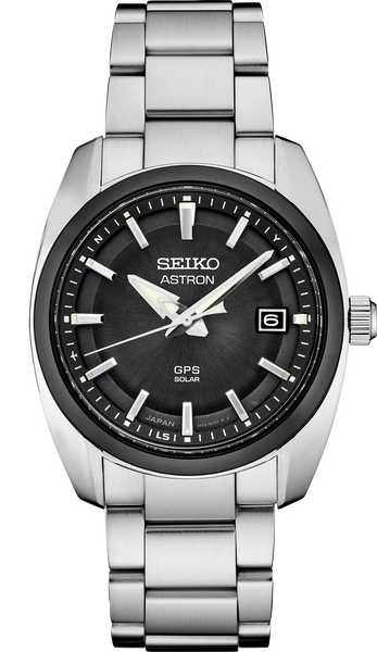 A pre-owned Seiko Astron GPS Solar SSJ005 men's watch, showcasing a 39mm lightweight titanium case, a sleek black ceramic bezel, a black dial with luminous markers and a date display, and a matching titanium link bracelet.