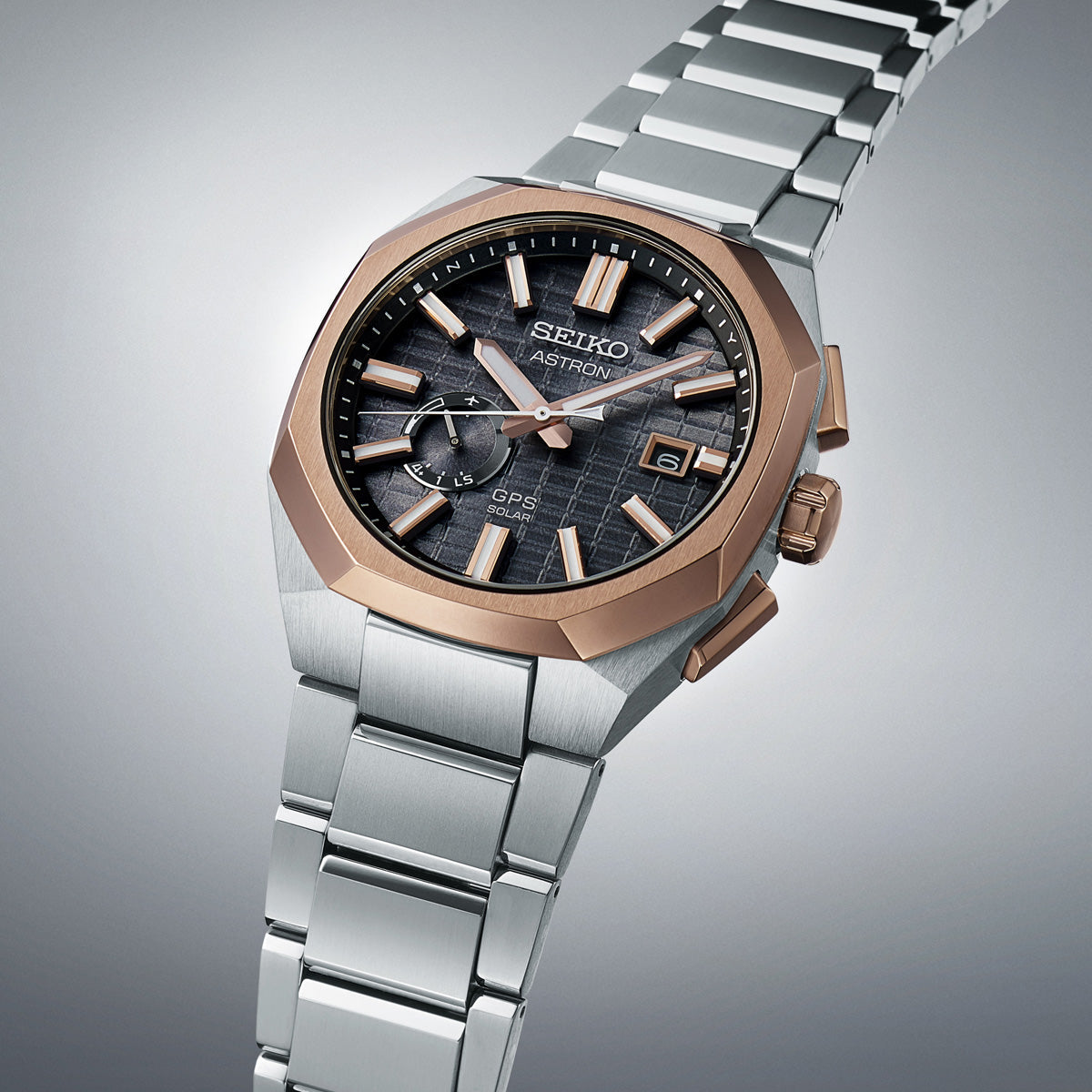 seiko ssj014 gray dial rose gold gps astron solar watch