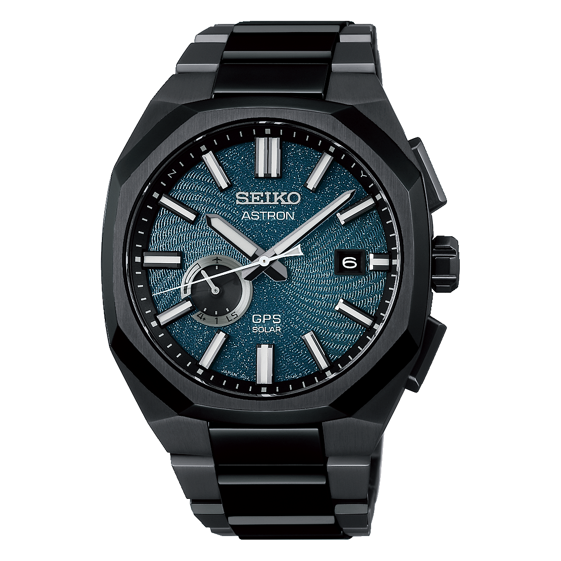 Seiko Astron with blue textured dial and black titanium case and bracelet- facing