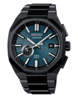 Seiko Astron with blue textured dial and black titanium case and bracelet- facing