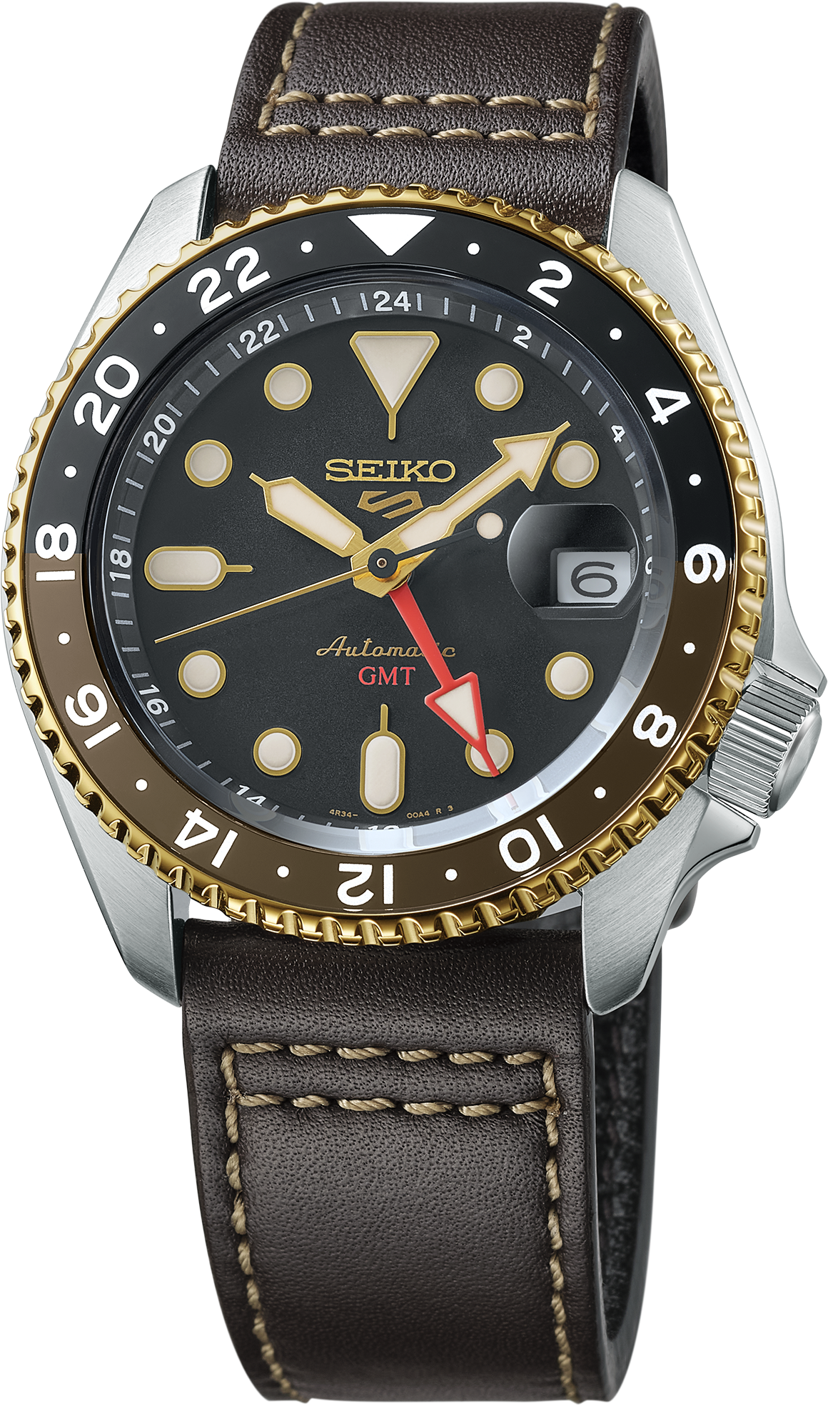 seiko ssk036 leather strap black dial gmt watch