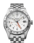 Silver Seiko watch with white face on a white background