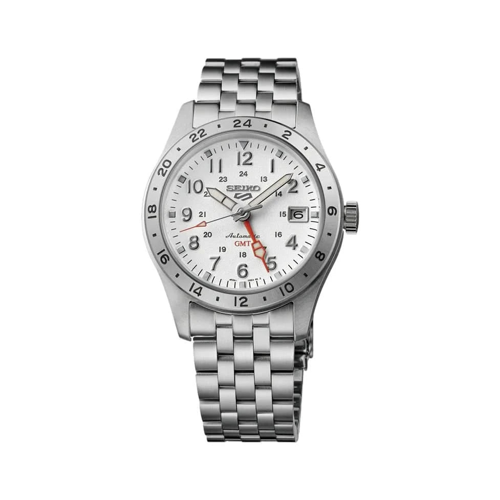 Silver Seiko watch with a white face on a white background FACED