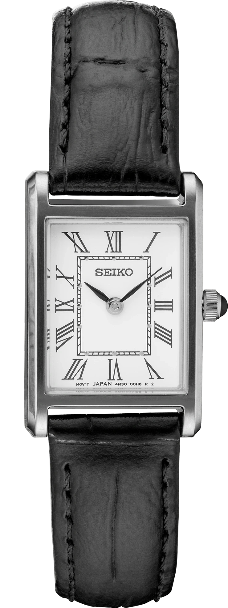 Seiko watch with black leather strap and white face