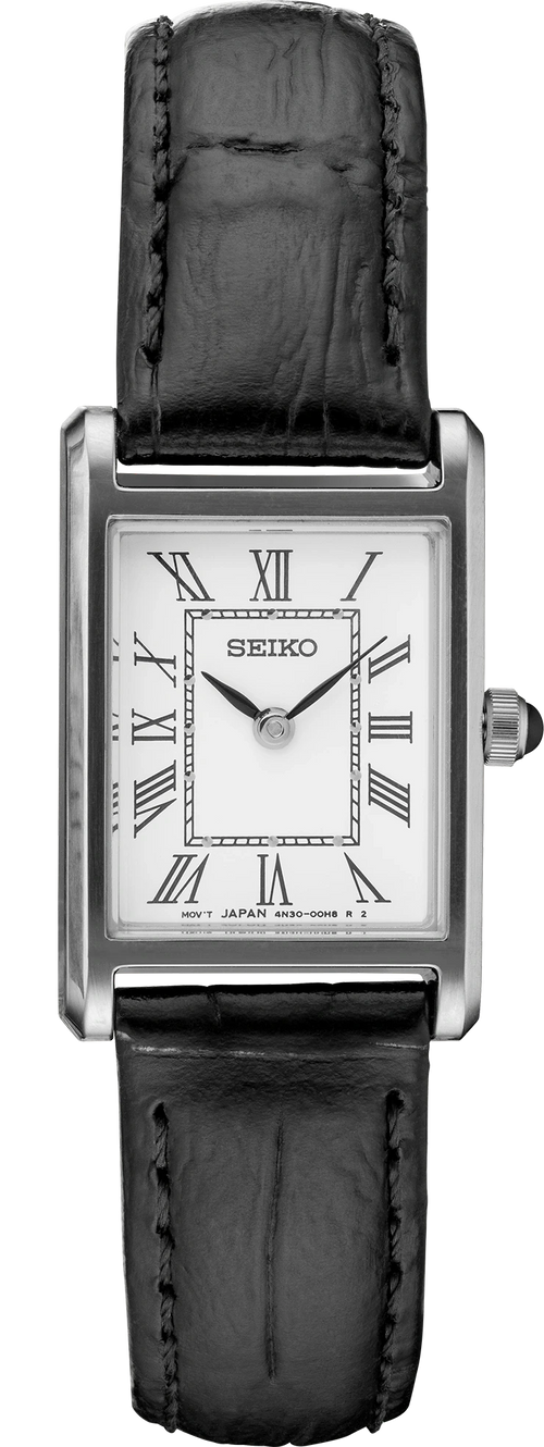 Seiko watch with black leather strap and white face