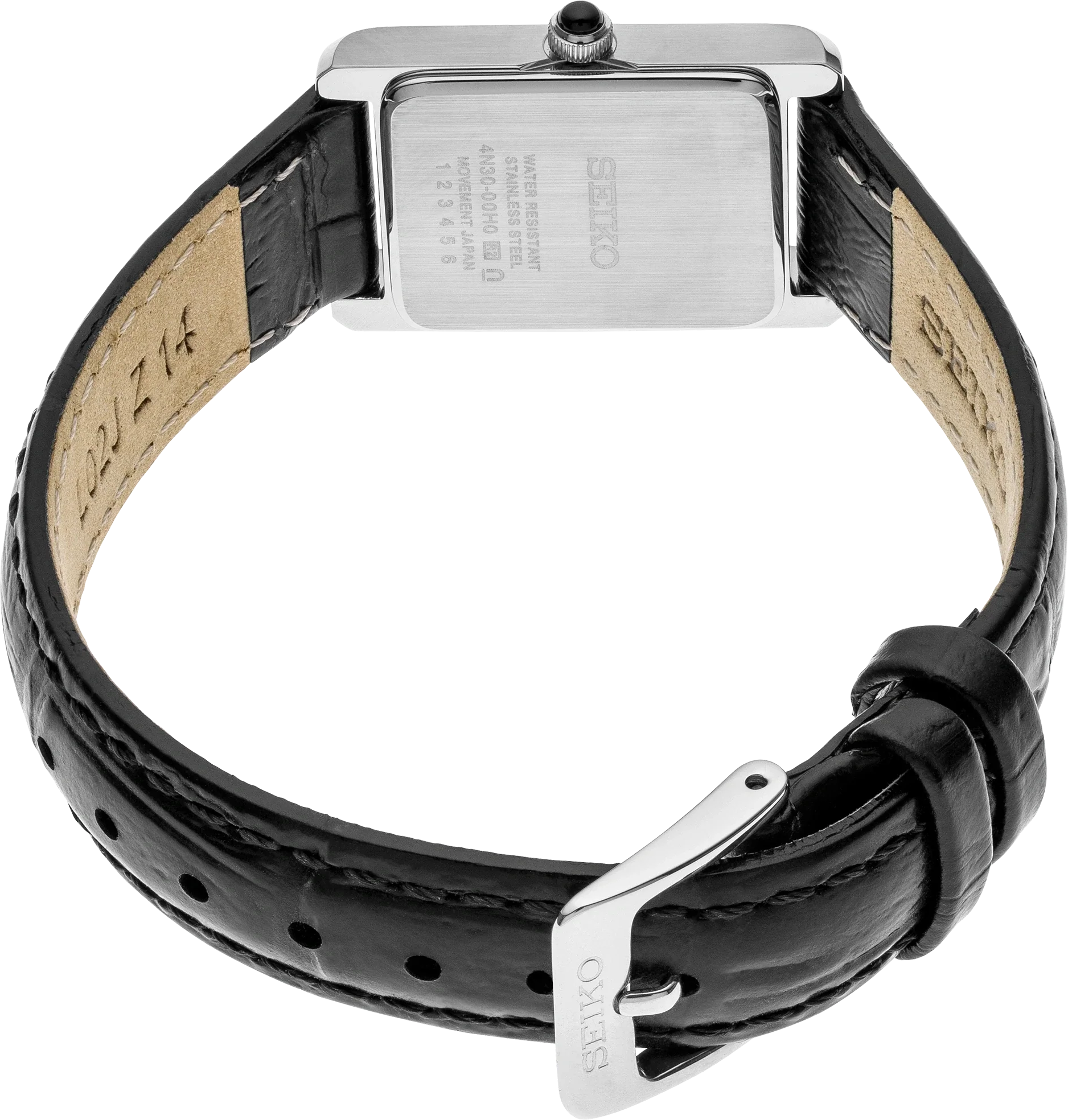 Black leather watch with silver clasp on a white background