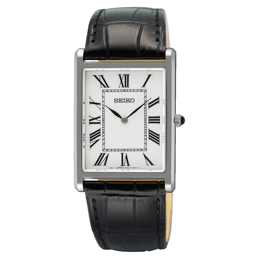 A Seiko Discover More SWR103 rectangular dress watch featuring a silver-tone stainless steel case, a crisp white dial with black Roman numerals, and a classic black leather strap.