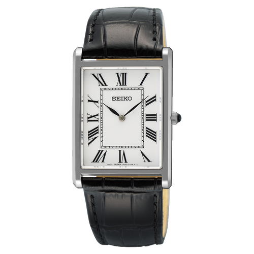 A Seiko Discover More SWR103 rectangular dress watch featuring a silver-tone stainless steel case, a crisp white dial with black Roman numerals, and a classic black leather strap.