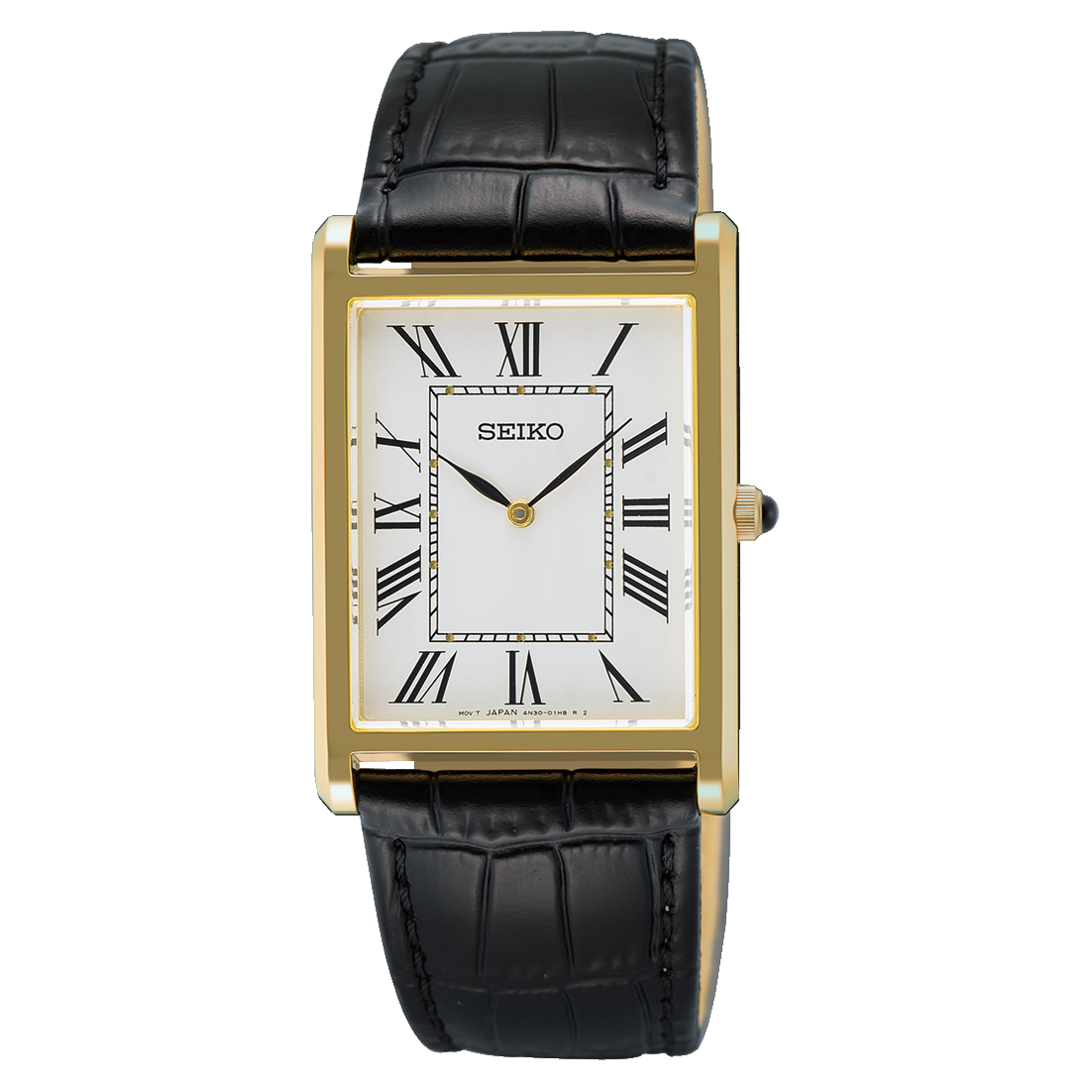 A Seiko Discover More SWR104 rectangular dress watch featuring a polished yellow gold-tone stainless steel case, a crisp white dial with black Roman numerals, and a classic black leather strap.