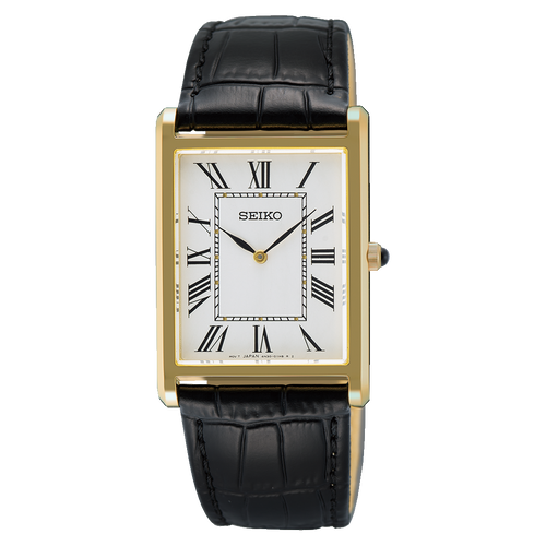 A Seiko Discover More SWR104 rectangular dress watch featuring a polished yellow gold-tone stainless steel case, a crisp white dial with black Roman numerals, and a classic black leather strap.