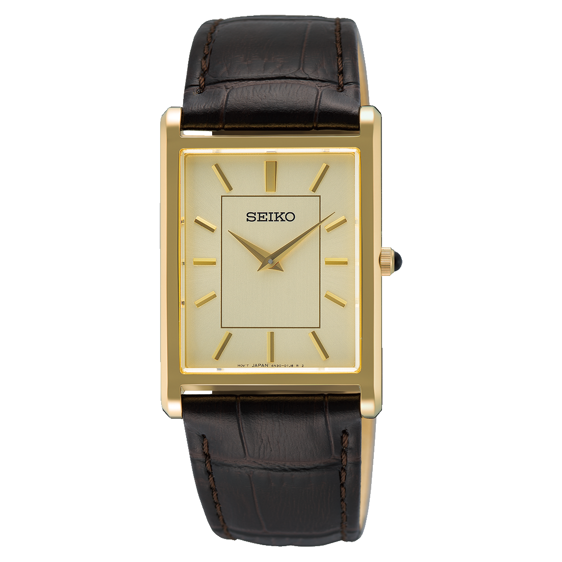 A Seiko Discover More SWR106 rectangular dress watch featuring a polished yellow gold-tone stainless steel case, a matching gold-tone dial with minimal gold-tone indices, and a classic dark brown leather strap.