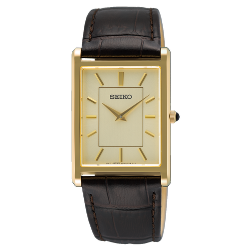 A Seiko Discover More SWR106 rectangular dress watch featuring a polished yellow gold-tone stainless steel case, a matching gold-tone dial with minimal gold-tone indices, and a classic dark brown leather strap.