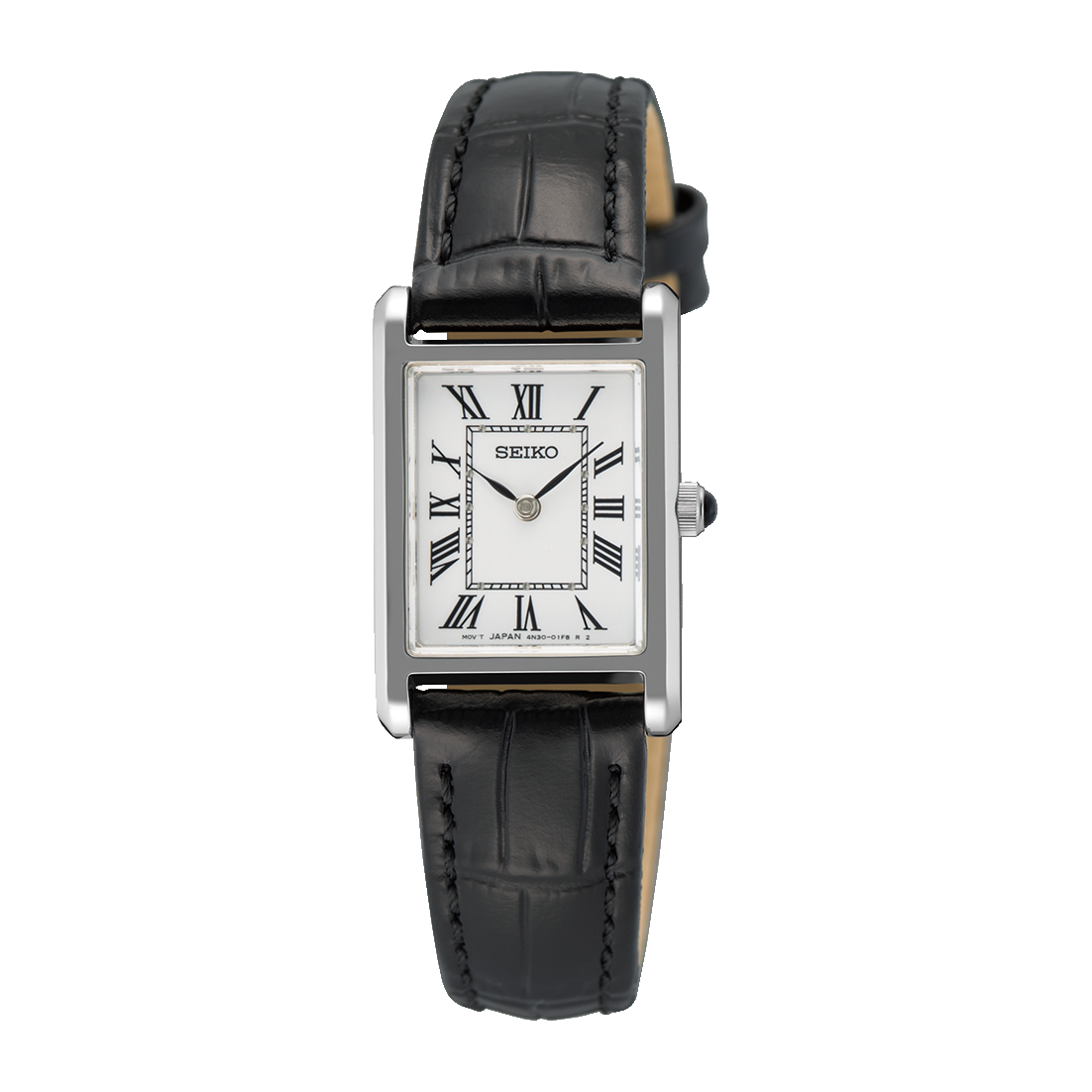 A Seiko Discover More SWR107 rectangular dress watch featuring a two-tone stainless steel and yellow gold-tone case, a crisp white dial with black Roman numerals, and a classic black leather strap.