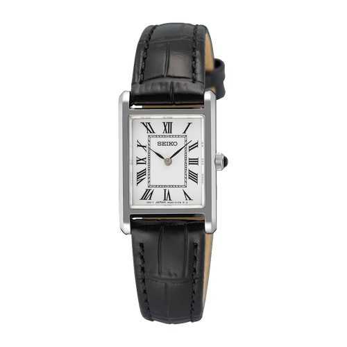 A Seiko Discover More SWR107 rectangular dress watch featuring a two-tone stainless steel and yellow gold-tone case, a crisp white dial with black Roman numerals, and a classic black leather strap.