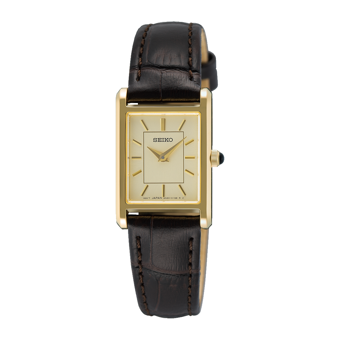 A Seiko Discover More SWR110 rectangular dress watch featuring a two-tone stainless steel and yellow gold-tone case, a white dial with prominent radial Roman numerals, a cabochon crown, and a classic navy blue leather strap.