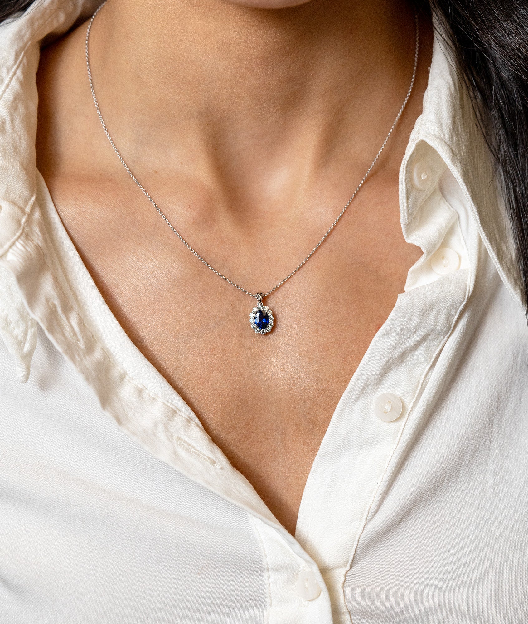 Sapphire & Diamond Halo Pendant Necklace - Skeie's Jewelers