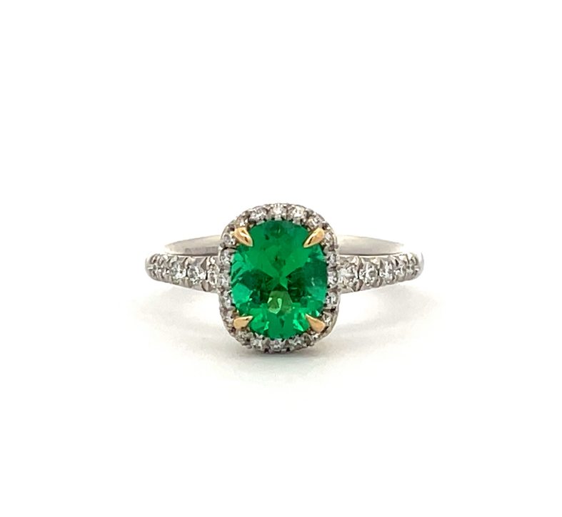 Emerald and Diamond Halo Gold Accented Engagement Ring - Skeie's Jewelers