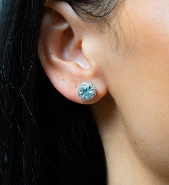 Octagon-Cut Aquamarine and Diamond Halo Studs - Skeie's Jewelers